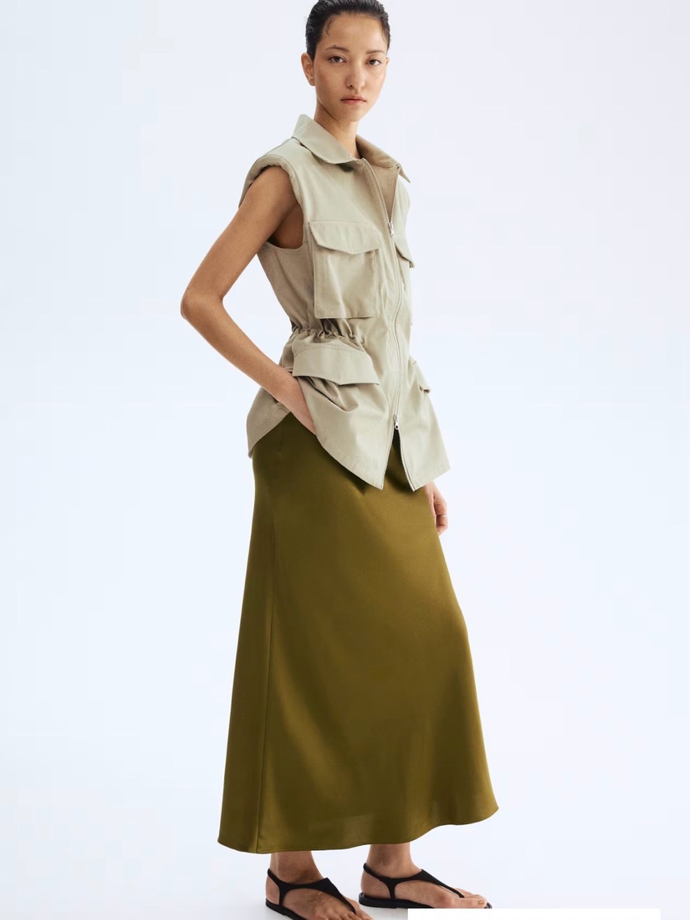 H&M Olive Green Maxi Skirt — Sleek Floor-Length A-Line